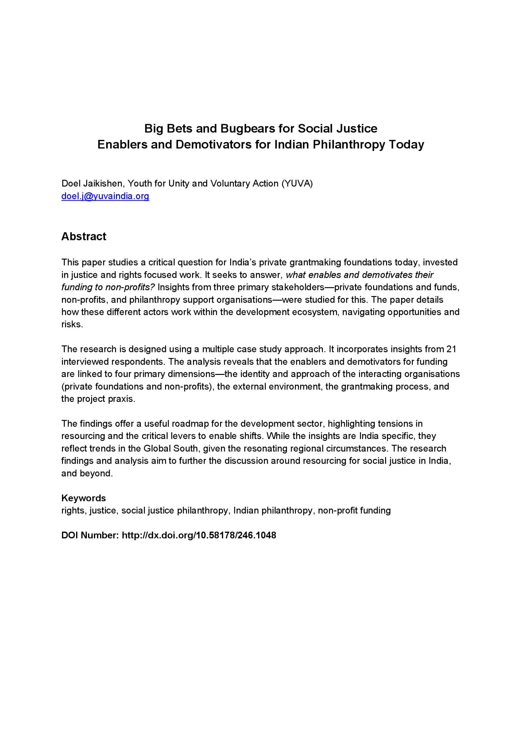 Philanthropy Research - Doel Jaikishen - YUVA India